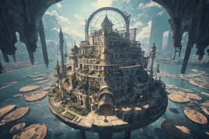 masterpiece, best quality, aethetic, The city is situated on the sea, surrounded by a circular shape of water, creating a picturesque setting. Its overall appearance resembles a multi-layered cake, with each tier rising above the other.
