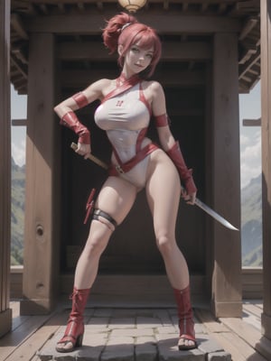 A woman, wearing white ninja costume with parts in red, monstrously gigantic breasts, red hair, very short hair, hair tied with clip, bangs in front of the eyes, looking at the viewer, (((erotic pose interacting and leaning on an object))), in a ninja temple, altar, weapons stuck on the walls, stone pillars, valley bottom on top of mountains,  ((full body):1.5). 16k, UHD, best possible quality, ((best possible detail):1), best possible resolution, Unreal Engine 5, professional photography,
