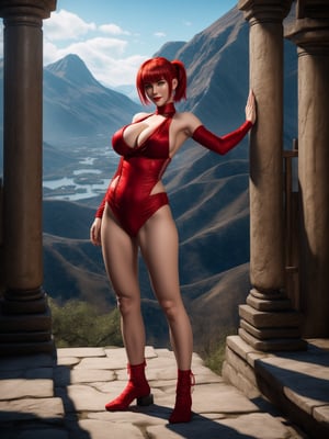 A woman, wearing white ninja costume with parts in red, monstrously gigantic breasts, red hair, very short hair, hair tied with clip, bangs in front of the eyes, looking at the viewer, (((erotic pose interacting and leaning on an object))), in a ninja temple, altar, weapons stuck on the walls, stone pillars, valley bottom on top of mountains,  ((full body):1.5). 16k, UHD, best possible quality, ((best possible detail):1), best possible resolution, Unreal Engine 5, professional photography,
