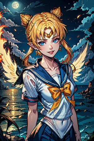 Hellscape Sailor Moon, 1girl, solo, looking at viewer, smile, blue eyes, blonde hair, shirt, bow, jewelry, school uniform, collarbone, white shirt, upper body, short sleeves, earrings, outdoors, parted lips, wings, sky, serafuku, pointy ears, cloud, bowtie, sailor collar, water, hair bun, tree, lips, parted bangs, double bun, night, ocean, moon, fire, blue sailor collar, night sky, feathered wings, full moon, yellow bow, black wings, circlet, yellow bowtie