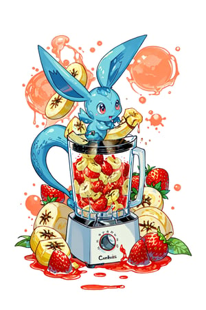 Liquified Carbuncle,pokémon creature stuck in food processor, Squirtle, strawberry, banana, peaches, water splashes, liquid splatter, ink splotches, ultra sharp, masterpiece, official art, horror scene