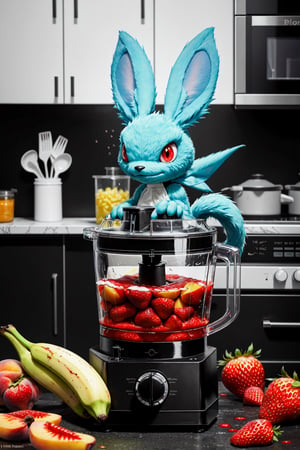 Liquified Carbuncle,pokémon creature stuck in food processor, strawberry, banana, peaches, water splashes, liquid splatter, ink splotches, ultra sharp, masterpiece, official art, horror scene, specular highlights, kitchen scene, graphic advertisement in a magazine, bloody mess, extreme light and shadow, detailed eyes, furry, anthro, octane render