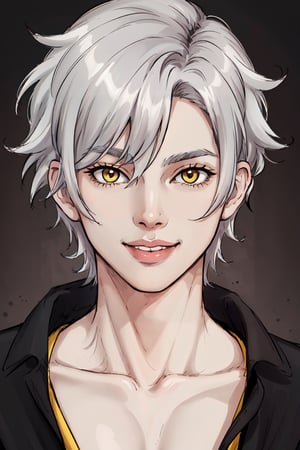 Duskfallcrew Art Style, 1boy, male focucs, solo, looking at viewer, smile, short hair, collarbone, yellow eyes, grey hair, parted lips, lips, portrait,