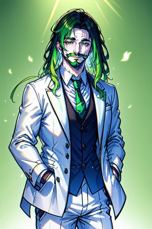Agenda_Mix, solo, looking at viewer, shirt, long sleeves, 1boy, green eyes, jacket, white shirt, upper body, male focus, multicolored hair, green hair, necktie, collared shirt, pants, medium hair, vest, gradient, gradient background, facial hair, formal, white jacket, thick eyebrows, suit, beard, personification, hand in pocket, hands in pockets, mustache, detailed eyes, detailed hair, detailed face, textured hair, tone mapping , specular highlights, extreme light and shadow, rim lighting, side lighting, shiny, bloom , masterpiece, official art, subsurface scattering, (zentange, entangle, mandala, spiderwebs, chaos, panic, discord and disorder:0.7)
