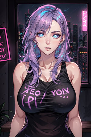 Transgender Female, Kitch, solo, voluptuous, long hair, large breasts, shirt, jewelry, upper body, earrings, parted lips, indoors, window, night, tank top, clothes writing, neon lights, specular highlights, detailed face, detailed eyes, upper body, portrait