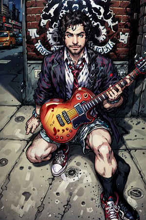 Dewey Finn, (masterpiece, best quality, ultra-detailed, highres),male focus, facial hair, 1boy,((solo focus)),necktie, guitar, instrument, male focus, leg hair, shirt, shorts, facial hair, arm hair, shoes, white shirt, socks, beard, collared shirt, sneakers, black hair, watch, electric guitar, middle finger, wristwatch, bracelet, looking at viewer, kneehighs, jacket, plaid, city background, street, official art, masterpiece, extreme light and shadow, rim lighting, film quality