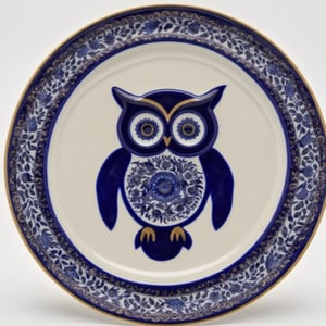 fnxipltz, a decorative plate with a blue owl on it