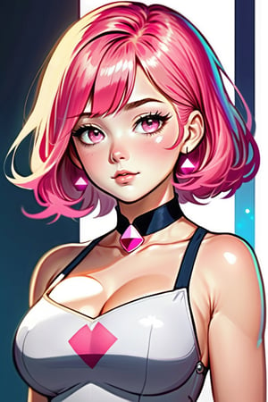 Steven Universe Style, 1girl, solo, breasts, short hair, dress, pink hair, choker, pink eyes, lips, makeup, colored skin, facial mark, pink skin, official art, masterpiece