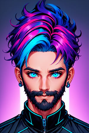 ZipFile Comi Style, (masterpiece, best quality, ultra-detailed, highres, best illustration),perfect face, ((solo, solo focus, kawaii, neon rim lighting, neon back lights )),side lighting, epic, illustration, render, volumetric lighting, welcoming, see-through gossamer, lustrous skin,(bloom), (shine), beard, blue eyes, blue hair, purple hair, stubble, cat boy, closed mouth, earrings, facial hair, jewelry, looking at viewer, multicolored hair, portrait, red eyes