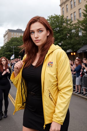 Transgender Female, Kitch, blue eyes, solo, voluptuous, auburn hair, long hair, yellow jacket,outdoors, pride theme, rainbows, parade, black dress, specular highlights, side lighting, detailed face, detailed eyes, wide shot, dynamic lighting, dynamic angle