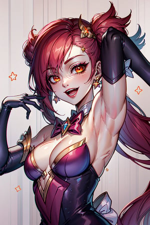 Vibrant MMO Style, 1girl, solo, long hair, looking at viewer, smile, open mouth, hair ornament, gloves, bow, holding, bare shoulders, twintails, jewelry, upper body, pink hair, :d, red hair, earrings, teeth, bowtie, armpits, arm up, orange eyes, magical girl, pink background, star guardian (league of legends)