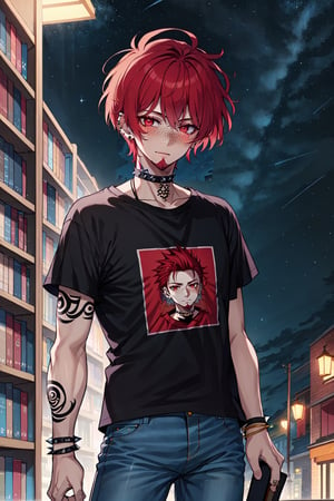 Agenda_Mix, solo, looking at viewer, short hair, shirt, red eyes, 1boy, jewelry, short sleeves, male focus, red hair, earrings, outdoors, sky, choker, pants, collar, bracelet, black shirt, tattoo, night, facial hair, piercing, denim, t-shirt, building, ear piercing, star (sky), night sky, starry sky, freckles, jeans, bookshelf, arm tattoo, print shirt, spiked collar, shooting star, neck tattoo, detailed eyes, detailed hair, detailed face, textured hair, tone mapping , specular highlights, extreme light and shadow, rim lighting, side lighting, shiny, bloom , masterpiece, official art, subsurface scattering, (zentange, entangle, mandala, spiderwebs, chaos, panic, discord and disorder:0.7)