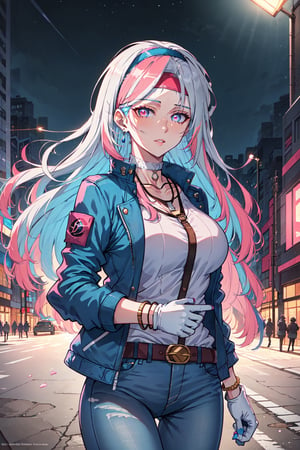 Agenda_Mix, 1girl, solo, long hair, breasts, looking at viewer, blue eyes, shirt, gloves, jewelry, medium breasts, blue hair, jacket, white shirt, pink hair, white hair, multicolored hair, cowboy shot, hairband, earrings, outdoors, parted lips, open clothes, sky, choker, belt, pants, white gloves, fingerless gloves, pink eyes, necklace, nail polish, bracelet, two-tone hair, open jacket, lips, streaked hair, v, night, headband, denim, blue jacket, building, buckle, belt buckle, city, white pants, road, detailed eyes, detailed hair, detailed face, textured hair, tone mapping , specular highlights, extreme light and shadow, rim lighting, side lighting, shiny, bloom , masterpiece, official art, subsurface scattering, (zentange, entangle, mandala, spiderwebs, chaos, panic, discord and disorder:0.7)
