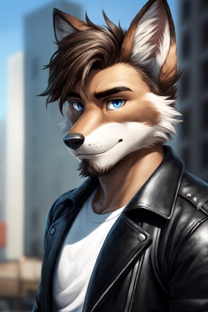 Andrew Bryant, 1boy, male focus, solo, dusty brown hair, blue eyes, facial hair, beard, fox ears, silver fox vibes, gruff, dry looking skin, anthro, animal ears, animal ear fluff, furry, leather jacket with patches, detailed face, detailed eyes, detailed hair, tonemapping, ultra sharp, extremely detailed, side lighting, rim lighting, specular highlights,