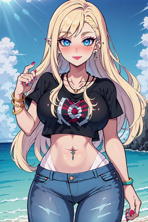 Agenda_Mix, 1girl, solo, long hair, breasts, looking at viewer, blush, smile, blue eyes, blonde hair, large breasts, shirt, navel, jewelry, medium breasts, closed mouth, standing, collarbone, short sleeves, cowboy shot, earrings, outdoors, sky, day, midriff, pants, cloud, water, necklace, nail polish, bracelet, blue sky, lips, crop top, black shirt, makeup, ocean, beach, piercing, sunlight, denim, lipstick, tan, ear piercing, eyeshadow, tanlines, contrapposto, jeans, hoop earrings, rock, red lips, navel piercing, cropped shirt, detailed eyes, detailed hair, detailed face, textured hair, tone mapping , specular highlights, extreme light and shadow, rim lighting, side lighting, shiny, bloom , masterpiece, official art, subsurface scattering, (zentange, entangle, mandala, spiderwebs, chaos, panic, discord and disorder:0.7)