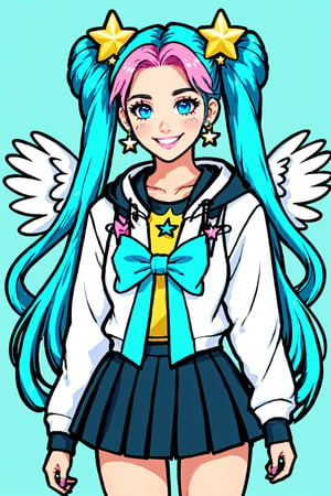 ZipFile Comi Style, 1girl, solo, long hair, looking at viewer, blush, smile, blue eyes, skirt, shirt, hair ornament, bow, twintails, jewelry, jacket, upper body, pleated skirt, earrings, parted lips, open clothes, wings, hood, bowtie, hair bun, star (symbol), sweatdrop, aqua eyes, open jacket, lips, parted bangs, sparkle, double bun, aqua hair, hoodie, blue bow, hood down, crescent, feathered wings, hooded jacket, angel wings, circlet, white wings, crescent earrings, 