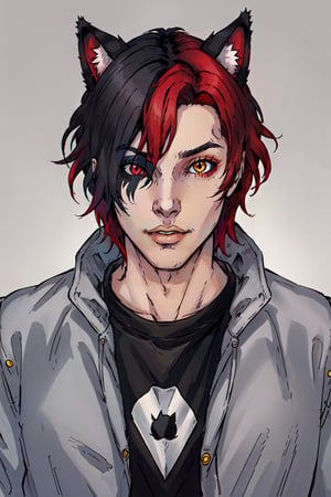 Duskfallcrew Art Style, solo, looking at viewer, simple background, shirt, two tone hair, gradient hair, black hair,  red hair, red eyes, 1boy, animal ears, jacket, yellow eyes, male focus, parted lips, cat ears, heterochromia, grey jacket