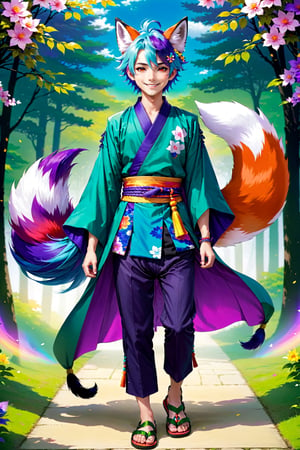 Enigma_Kitsune, solo, smile, 1boy, animal ears, red eyes, tail, upper body, blue hair, green hair, purple hair, gradient, multicolored hair, male focus, japanese clothes, wide sleeves, fox ears, fox tail, floral print, sandals, tassel, tabi official art, best quality, portrait,