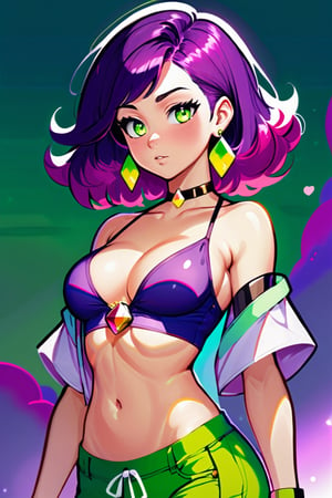 Steven Universe Style, 1girl, solo, breasts, looking at viewer, simple background, cleavage, bare shoulders, jewelry, medium breasts, purple eyes, purple hair, earrings, detached sleeves, midriff, medium hair, necklace, crop top, hand on hip, colored skin, green skin, purple shorts, official art, masterpiece