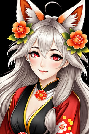 Enigma_Kitsune, 1girl, solo, long hair, looking at viewer, smile, hair ornament, red eyes, gloves, long sleeves, dress, holding, animal ears, medium breasts, very long hair, tail, flower, white hair, grey hair, parted lips, black gloves, puffy sleeves, hair flower, black dress, collar, from side, animal ear fluff, looking to the side, petals, fox ears, makeup, fox tail, facial mark, juliet sleeves, black background, red flower, fox girl, multiple tails, eyeshadow, red rose, forehead mark, holding flower, sideways glance, black kimono, falling petals, kitsune, red eyeshadow, red eyeliner, official art, specular highlights