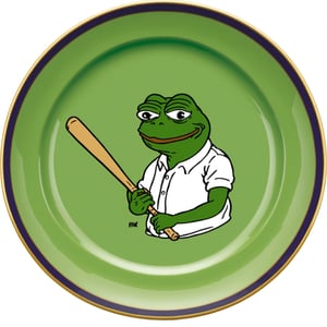 fnxipltz,a plate with  a meme of a pepe frog holding a baseball bat