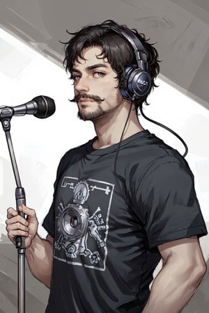 Dewey Finn, (masterpiece, best quality, ultra-detailed, highres),male focus, facial hair, 1boy,((solo focus)), male focus, facial hair, solo, shirt, microphone, headphones, black shirt, beard, meme, upper body, looking at viewer, microphone stand, black hair, t-shirt, mustache, short sleeves, :) , official art, masterpiece, extreme light and shadow, rim lighting, film quality