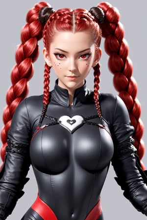 Cyberpunk Style, 1girl, black eyes, black gloves, bodysuit, braid, double bun, floating hair, gloves, hair bun, heart, long hair, looking at viewer, looking to the side, mask, mouth mask, official alternate costume, red hair, sitting, solo, weapon