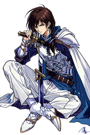 Arislan Retro Style, solo, long hair, simple background, brown hair, long sleeves, 1boy, white background, holding, sitting, full body, weapon, male focus, earrings, pants, sword, signature, cape, holding weapon, armor, holding sword, white footwear, sheath, hair over shoulder, sheathed, scabbard, white cape
