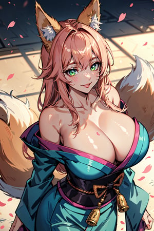 ahri, 1girl, absurdres, ahri_(league_of_legends), ((shiny skin, voluptuous, sexy, skindentation, ultra detailed, ultra sharp, extreme light and shadow, masterpiece)), pink_hair, animal_ear_fluff, animal_ears, bangs, bare_shoulders, bell, breasts, cleavage, facial_mark, fox_ears, fox_girl, green_kimono, hair_bell, hair_ornament, highres, japanese_clothes, kimono, large_breasts, league_of_legends, long_hair, looking_at_viewer, petals, ribbon, signature, smile, solo, spiritblossom(league_of_legends), spirit_blossom_ahri, wang_bu_chou, whisker_markings 