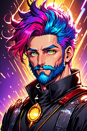 Comic Art Style, 1boy, male focus, beard, stubble, facial hair, multicolored hair, crown, god, (masculine), red eyes, (masterpiece, best quality, ultra-detailed, highres), ((solo)), perfect face, sidelighting, lustrous skin,(bloom), (shine), lighting, ray tracing, sci-fi,depth_of_field,very detailed background, highly detailed background, Masterpiece, Ultra detailed, great composition,Dynamic angle,(Highest picture quality), (Master's work), extreme light and shadow, masterpiece, rich in detail, (highest quality), (masterpiece), (extremely detailed CG unity 8k wallpaper),(masterpiece), (best quality), (ultra-detailed), (best illustration),(best shadow),perfect lighting , perfect anatomy , vivid colors, (masterpiece),