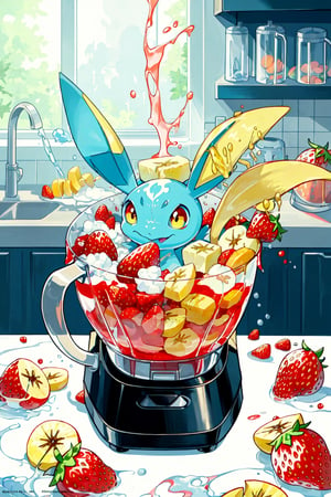Liquified Carbuncle,pokémon creature stuck in food processor, Squirtle, strawberry, banana, peaches, water splashes, liquid splatter, ink splotches, ultra sharp, masterpiece, official art, horror scene, specular highlights, kitchen scene, graphic advertisement in a magazine