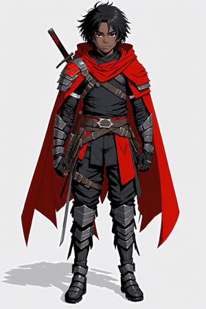 Cyberpunk Style, 1boy, armor, bandaged arm, bandages, belt, black footwear, black gloves, black hair, cape, cloak, dark skin, dark-skinned male, fingerless gloves, full body, gloves, hair over one eye, jewelry, katana, male focus, pants, pouch, red cape, red cloak, scabbard, sheath, sheathed, shoulder armor, simple background, sketch, smile, solo, sword, torn, torn clothes, weapon, white background