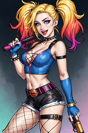 Harley Quinn,  1girl,  solo,  breasts,  smile,  open mouth,  blue eyes,  blonde hair,  shirt,  gloves,  twintails,  jewelry,  weapon,  pantyhose,  multicolored hair,  shorts,  belt,  fingerless gloves,  nail polish,  bracelet,  gun,  short shorts,  makeup,  lipstick,  fishnets,  multicolored clothes,  spikes,  handgun,  eyeshadow,  single glove,  fishnet pantyhose,  holster,  spiked bracelet,  baseball bat,  shoulder holster, 