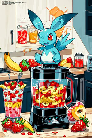 Liquified Carbuncle,pokémon creature stuck in food processor, Squirtle, strawberry, banana, peaches, water splashes, liquid splatter, ink splotches, ultra sharp, masterpiece, official art, horror scene, specular highlights, kitchen scene, graphic advertisement in a magazine