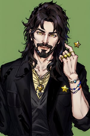 Duskfallcrew Art Style, solo, long hair, looking at viewer, smile, simple background, shirt, black hair, 1boy, brown eyes, jewelry, jacket, yellow eyes, upper body, male focus, necktie, hand up, necklace, star (symbol), vest, black jacket, facial hair, ring, beard, green background, cropped torso, mustache