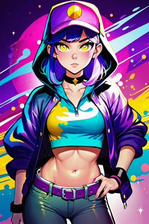 Steven Universe Style,  1girl, solo, long hair, looking at viewer, hat, jewelry, jacket, yellow eyes, ponytail, purple hair, open clothes, choker, midriff, belt, hood, open jacket, crop top, mask, glowing, baseball cap, mouth mask, bodypaint, paint splatter, steven universe, official art, masterpiece