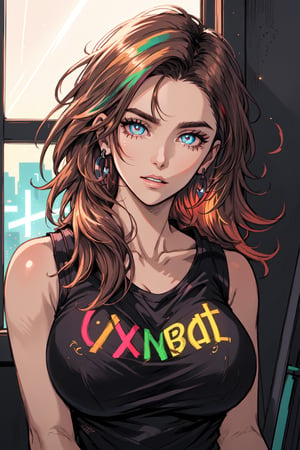 Transgender Female, Kitch, solo, voluptuous, long hair, large breasts, shirt, jewelry, upper body, earrings, parted lips, indoors, window, night, tank top, clothes writing, neon lights, specular highlights, detailed face, detailed eyes, upper body, portrait
