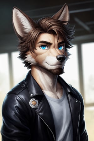 Andrew Bryant, 1boy, male focus, solo, dusty brown hair, blue eyes, facial hair, beard, fox ears, silver fox vibes, gruff, dry looking skin, anthro, animal ears, animal ear fluff, furry, leather jacket with patches, detailed face, detailed eyes, detailed hair, tonemapping, ultra sharp, extremely detailed, side lighting, rim lighting, specular highlights,