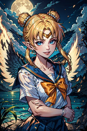 Hellscape Sailor Moon, 1girl, solo, looking at viewer, smile, blue eyes, blonde hair, shirt, bow, jewelry, school uniform, collarbone, white shirt, upper body, short sleeves, earrings, outdoors, parted lips, wings, sky, serafuku, pointy ears, cloud, bowtie, sailor collar, water, hair bun, tree, lips, parted bangs, double bun, night, ocean, moon, fire, blue sailor collar, night sky, feathered wings, full moon, yellow bow, black wings, circlet, yellow bowtie