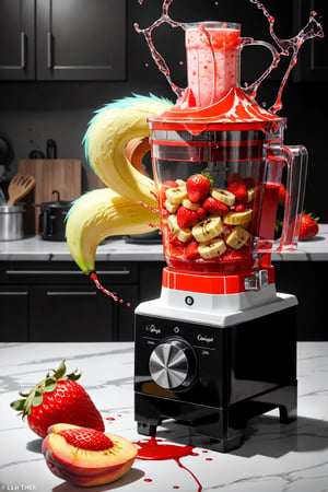 Liquified Carbuncle,pokémon creature stuck in food processor, strawberry, banana, peaches, water splashes, liquid splatter, ink splotches, ultra sharp, masterpiece, official art, horror scene, specular highlights, kitchen scene, graphic advertisement in a magazine, bloody mess, extreme light and shadow, detailed eyes, furry, anthro, octane render