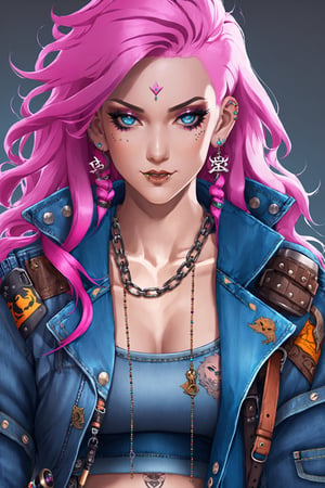 Cyberpunk Style, 1girl, arm tattoo, belt, blue eyes, chain, chopsticks, denim, ear piercing, earrings, food, gun, holding, jacket, jeans, jewelry, leather, long hair, looking at viewer, makeup, nail polish, navel, nose, nose piercing, open clothes, open jacket, pants, piercing, pink hair, rifle, solo, tattoo, weapon