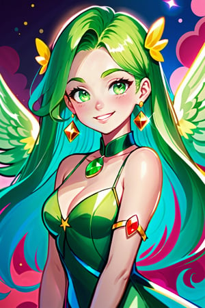 Steven Universe Style,  1girl, solo, long hair, smile, hair ornament, dress, holding, bare shoulders, jewelry, green eyes, upper body, earrings, green hair, wings, teeth, shiny, shiny hair, upper teeth only, gem, red lips, specular highlights, tone mapping, extremely detailed, cartoon style, anime, steven universe, official art, masterpiece