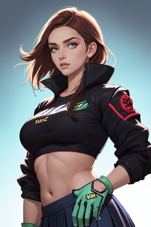Transgender Female, Kitch, solo, large breasts, voluptuous, gloves, navel, jacket, crop top, boots, midriff, skirt, specular highlights, detailed face, detailed eyes, semi realistic, upper body, portrait