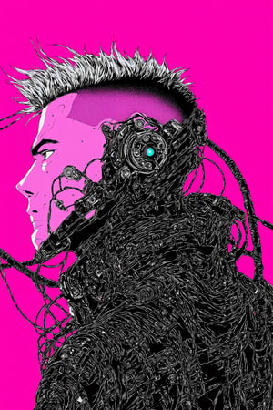 Cyberpunk Style, 1boy, cable, cyberpunk, jacket, male focus, pink background, robot, science fiction, solo, upper body, wire