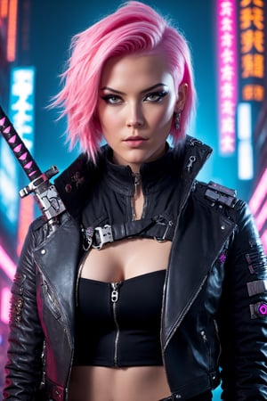 Cyberpunk Style, 1girl, belt, black gloves, black jacket, black pants, breasts, cigarette, cyberpunk, cyborg, earpiece, gloves, holding, holding sword, holding weapon, jacket, jewelry, katana, leather, lips, looking at viewer, neon lights, nose, open clothes, open jacket, pants, pink hair, science fiction, short hair, smoke, smoking, solo, sword, tattoo, undercut, very short hair, weapon