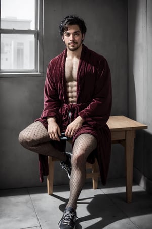 Dewey Finn, (masterpiece, best quality, ultra-detailed, highres),solo, 1boy, male focus, facial hair, black hair, beard, pantyhose, bathrobe, fishnets, shoes, looking at viewer, chair  , official art, masterpiece, extreme light and shadow, rim lighting, film quality