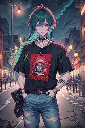 Agenda_Mix, solo, long hair, looking at viewer, bangs, shirt, 1boy, jewelry, purple eyes, collarbone, short sleeves, male focus, multicolored hair, cowboy shot, earrings, outdoors, parted lips, green hair, sky, choker, belt, pants, necklace, nail polish, collar, bracelet, torn clothes, black shirt, tattoo, night, chain, piercing, denim, t-shirt, building, star (sky), night sky, spikes, starry sky, jeans, city, hands in pockets, road, arm tattoo, print shirt, spiked bracelet, spiked collar, lamppost, street, torn pants, chain necklace, torn jeans, detailed eyes, detailed hair, detailed face, textured hair, tone mapping , specular highlights, extreme light and shadow, rim lighting, side lighting, shiny, bloom , masterpiece, official art, subsurface scattering, (zentange, entangle, mandala, spiderwebs, chaos, panic, discord and disorder:0.7)