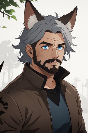 Andrew Bryant, 1boy, male focus, solo, two tone hair, grey hair, dusty brown hair, blue eyes, facial hair, beard, fox ears, silver fox vibes, gruff, dry looking skin, anthro, animal ears, animal ear fluff, furry, leather jacket with patches, detailed face, detailed eyes, detailed hair, tonemapping, ultra sharp, extremely detailed, side lighting, rim lighting, specular highlights,