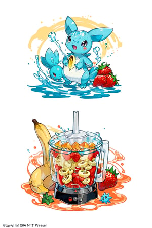 Liquified Carbuncle,pokémon creature stuck in food processor, Squirtle, strawberry, banana, peaches, water splashes, liquid splatter, ink splotches, ultra sharp, masterpiece, official art, horror scene