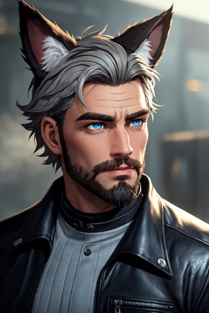 Andrew Bryant, 1boy, male focus, solo, two tone hair, grey hair, dusty brown hair, blue eyes, facial hair, beard, fox ears, silver fox vibes, gruff, dry looking skin, anthro, animal ears, animal ear fluff, furry, leather jacket with patches, detailed face, detailed eyes, detailed hair, tonemapping, ultra sharp, extremely detailed, side lighting, rim lighting, specular highlights,